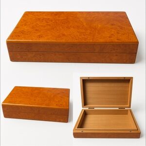 Vintage Mid-Century Burl Wood Veneer Storage Box | Hinged Solid Wood Interior